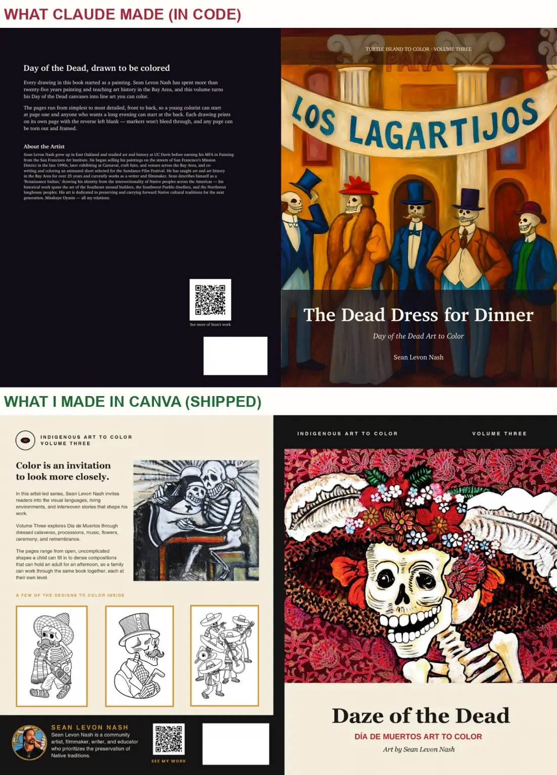 Two cover wraps stacked. Top, labelled what Claude made in code: a dark back cover and skeletons in top hats under a banner. Bottom, labelled what I made in Canva: the shipped Daze of the Dead cover with a skeleton in a flowered hat.