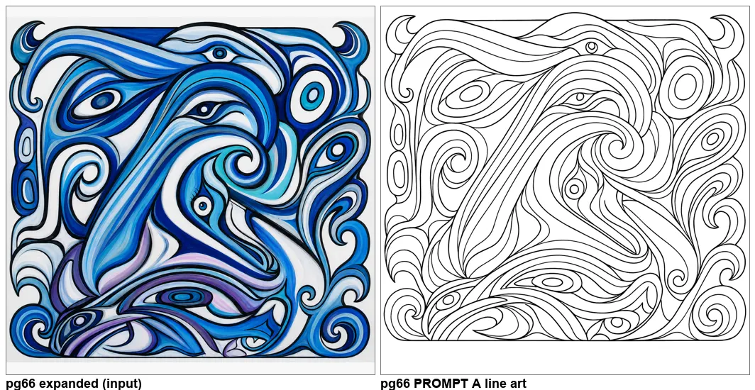 Side by side: a blue formline painting that runs off the edge, expanded, and the same design redrawn as black line art.