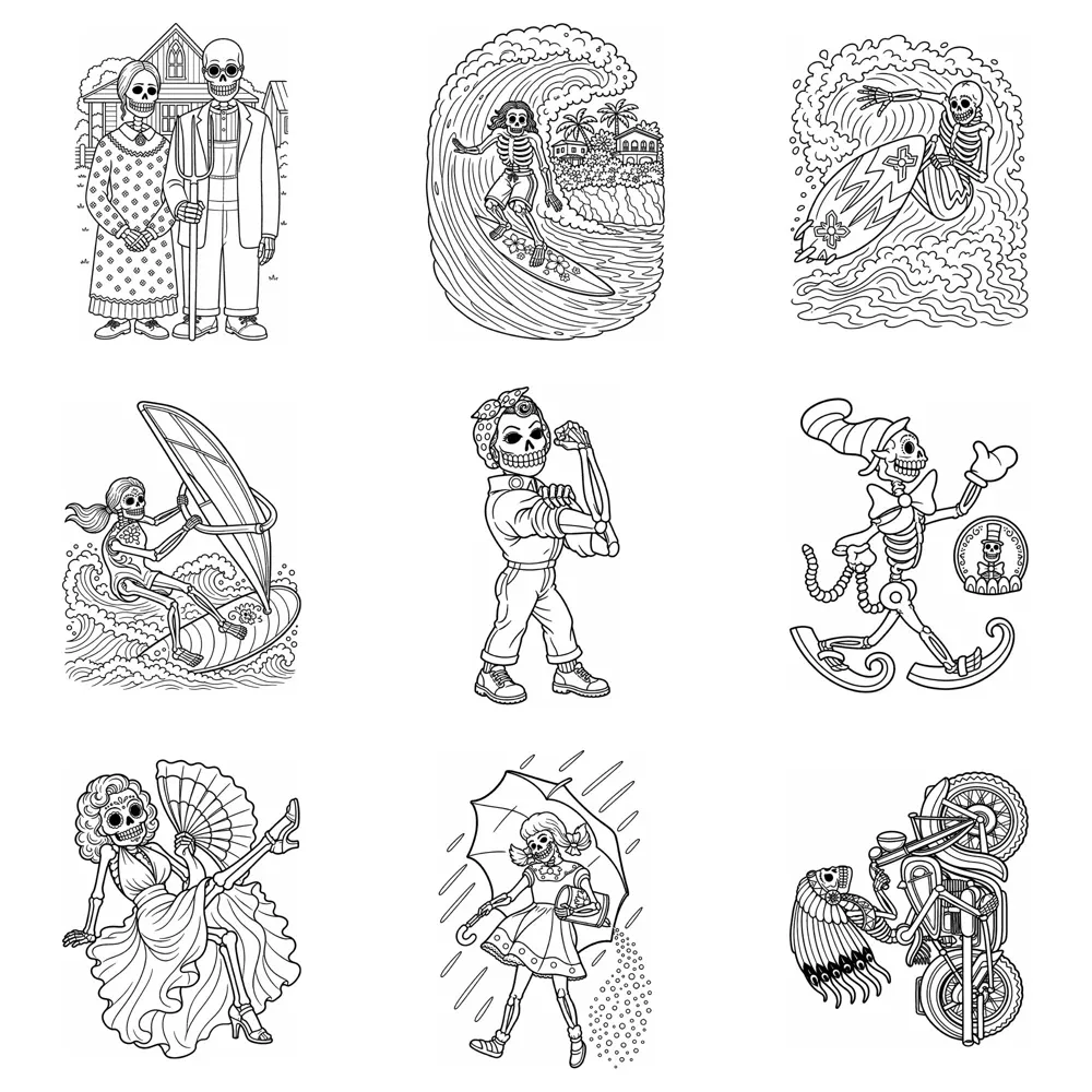 A grid of skeleton coloring pages: a farm couple, a surfer, dancers and a motorcyclist.