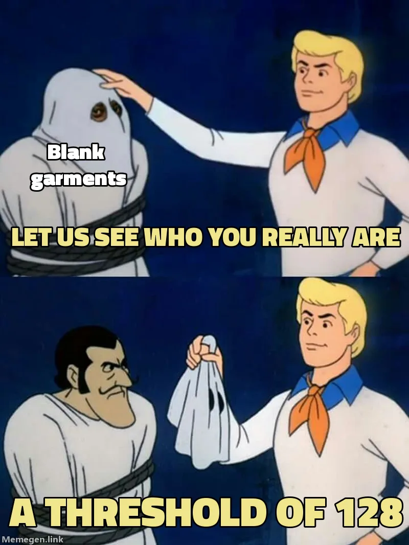 Scooby Doo reveal meme. Fred unmasks a villain labelled blank garments: Let us see who you really are. It was a threshold of 128.