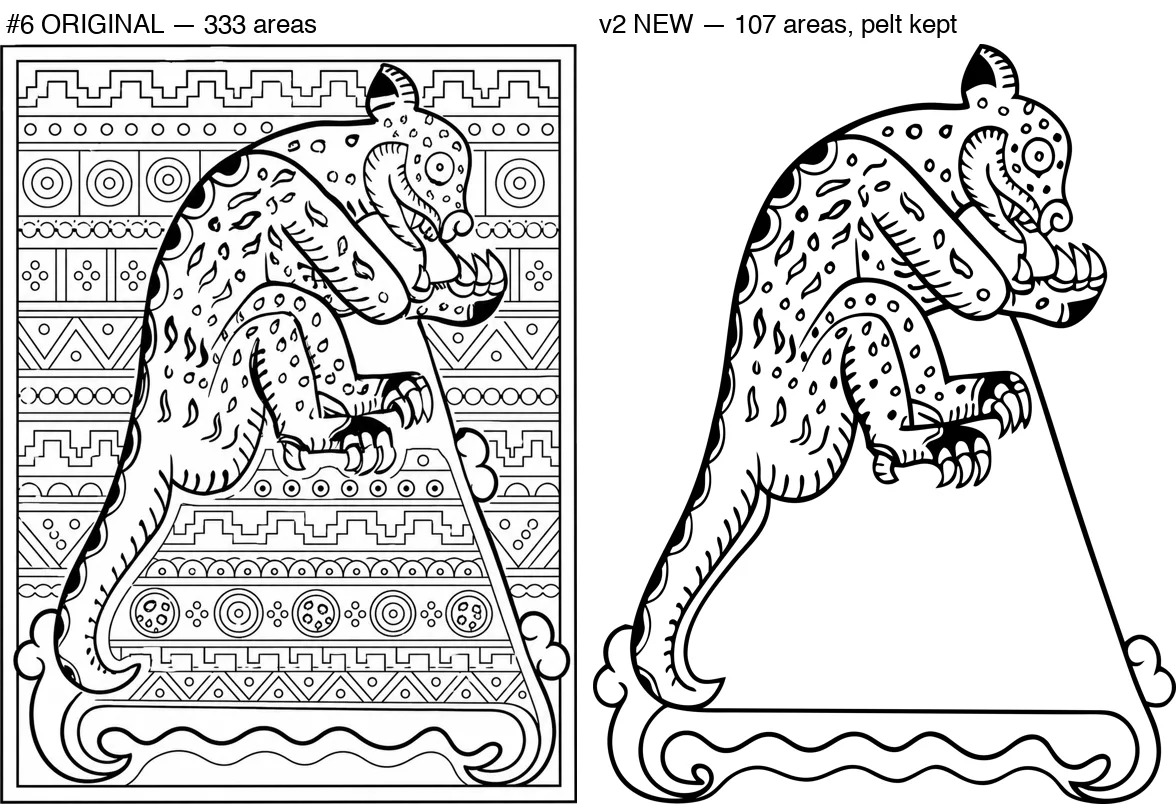 Two versions of a jaguar coloring page. Left: the jaguar on a busy patterned background, 333 areas. Right: the same jaguar with its spotted pelt and no background, 107 areas.