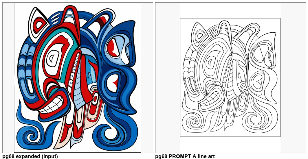 Side by side: a blue and red Northwest Coast formline orca painting on the left, and the same composition redrawn as clean black line art on the right.
