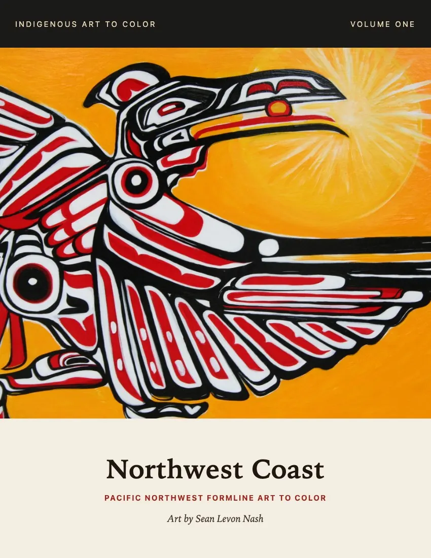 An early front cover: a red and black formline raven over an orange sun, titled Northwest Coast.