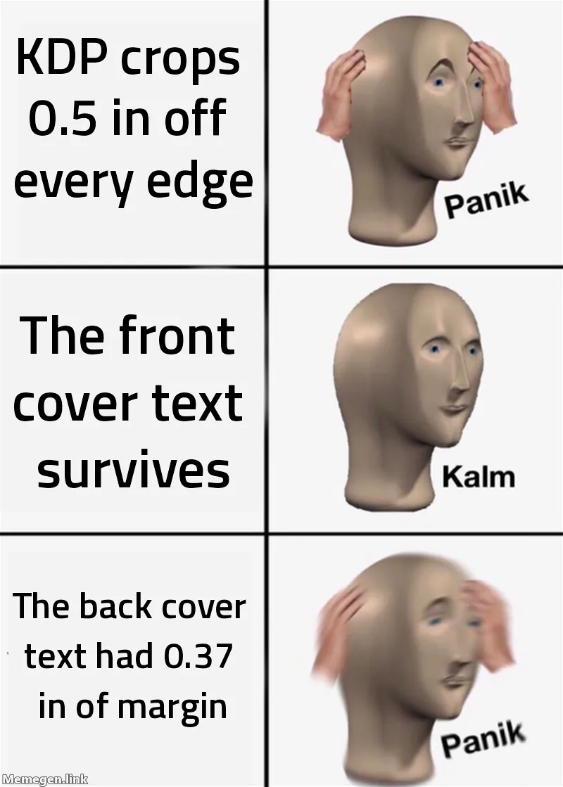 Panik Kalm Panik meme. Panik: KDP crops 0.5 in off every edge. Kalm: the front cover text survives. Panik: the back cover text had 0.37 in of margin.