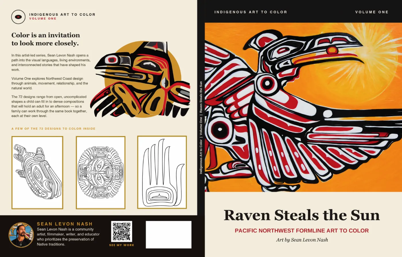 The full-wrap cover of Raven Steals the Sun: back cover with sample pages, a bio and a white box in the bottom-right corner, the spine, and the front with a formline raven over an orange sun.