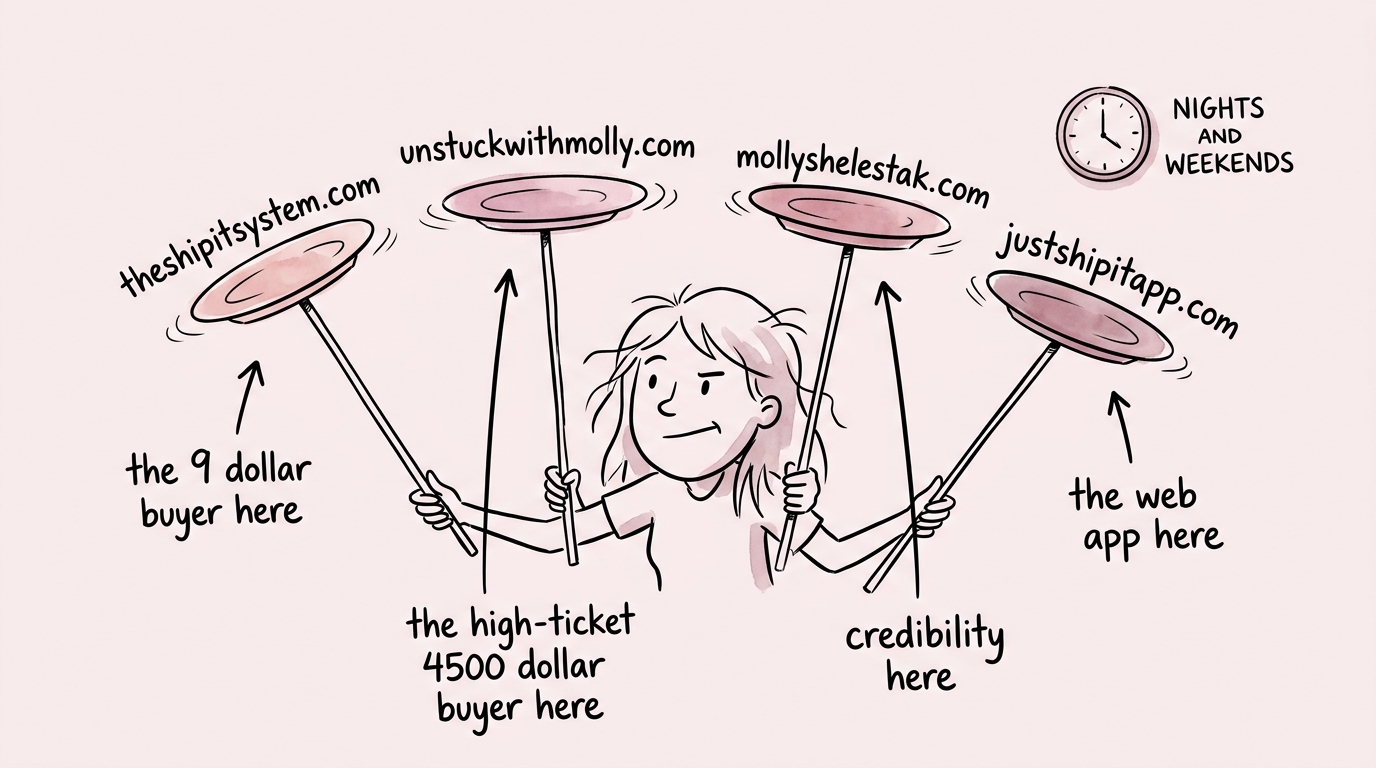 Molly juggling four spinning plates labeled theshipitsystem.com, unstuckwithmolly.com, mollyshelestak.com, justshipitapp.com, with a clock on the wall reading NIGHTS AND WEEKENDS and annotation arrows pointing to each plate